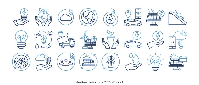 Coleção de ícones de Eficiência de Energia. Contendo eficiência energética de projeto, conservação ambiental, carregador de baterias, neutralidade de carbono, impacto ambiental