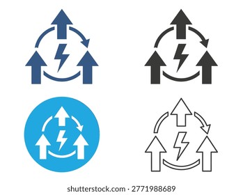 Energy efficiency icon collection in flat and line styles featuring power consumption, electrical load, output, and current.