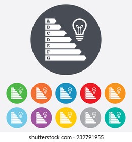 Energy efficiency icon. Electricity consumption symbol. Idea lamp sign. Round colourful 11 buttons. Vector