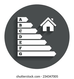 Energy efficiency icon. Electricity consumption symbol. House building sign. Gray flat button with shadow. Modern UI website navigation. Vector