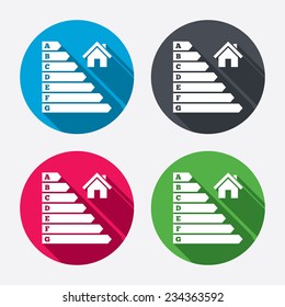 Energy efficiency icon. Electricity consumption symbol. House building sign. Circle buttons with long shadow. 4 icons set. Vector