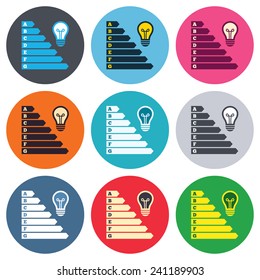 Energy efficiency icon. Electricity consumption symbol. Idea lamp sign. Colored round buttons. Flat design circle icons set. Vector