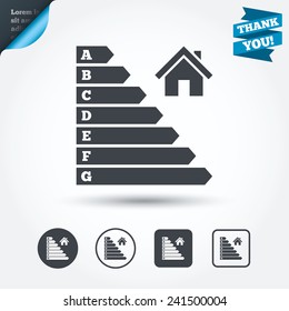 Energy efficiency icon. Electricity consumption symbol. House building sign. Circle and square buttons. Flat design set. Thank you ribbon. Vector