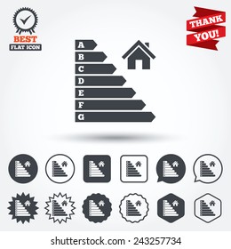 Energy Efficiency Icon. Electricity Consumption Symbol. House Building Sign. Circle, Star, Speech Bubble And Square Buttons. Award Medal With Check Mark. Thank You Ribbon. Vector