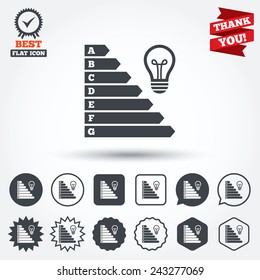 Energy efficiency icon. Electricity consumption symbol. Idea lamp sign. Circle, star, speech bubble and square buttons. Award medal with check mark. Thank you ribbon. Vector