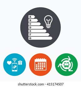 Energy efficiency icon. Electricity consumption symbol. Idea lamp sign. Mobile payments, calendar and wifi icons. Bus shuttle.