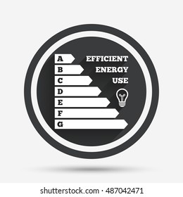 Energy efficiency icon. Electricity consumption symbol. Idea lamp sign. Circle flat button with shadow and border. Vector