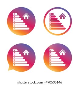Energy efficiency icon. Electricity consumption symbol. House building sign. Gradient buttons with flat icon. Speech bubble sign. Vector