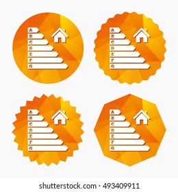 Energy efficiency icon. Electricity consumption symbol. House building sign. Triangular low poly buttons with flat icon. Vector