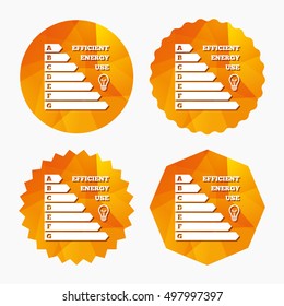 Energy efficiency icon. Electricity consumption symbol. Idea lamp sign. Triangular low poly buttons with flat icon. Vector