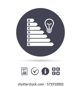 Energy efficiency icon. Electricity consumption symbol. Idea lamp sign. Report document, information and check tick icons. Currency exchange. Vector