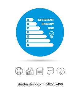 Energy efficiency icon. Electricity consumption symbol. Idea lamp sign. Copy files, chat speech bubble and chart web icons. Vector