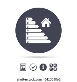 Energy efficiency icon. Electricity consumption symbol. House building sign. Report document, information and check tick icons. Currency exchange. Vector