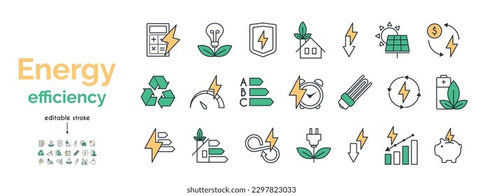 Energy efficiency icon set. Calculator, energy-saving light bulb, piggy bank, solar panel, circular economy, battery, home insulation, energy class vector illustration yellow and green.