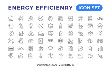 Energy efficiency icon set. Calculator, energy-saving light bulb, piggy bank, solar panel, circular economy, battery, home insulation, energy class vector illustration