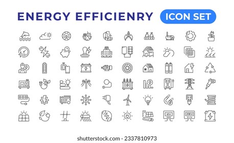Energy efficiency icon set. Calculator, energy-saving light bulb, piggy bank, solar panel, circular economy, battery, home insulation, energy class vector illustration