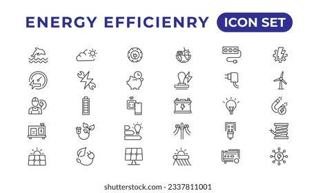 Energy efficiency icon set. Calculator, energy-saving light bulb, piggy bank, solar panel, circular economy, battery, home insulation, energy class vector illustration