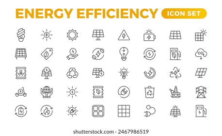 Energy efficiency icon set. Calculator, energy-saving light bulb, piggy bank, solar panel, circular economy, battery, home insulation, energy class vector illustration