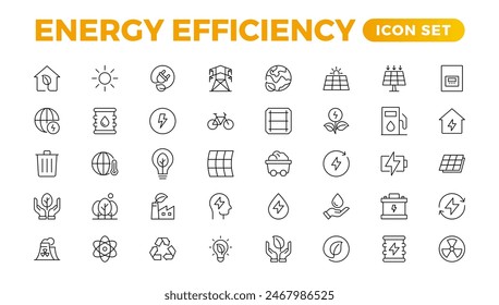 Energy efficiency icon set. Calculator, energy-saving light bulb, piggy bank, solar panel, circular economy, battery, home insulation, energy class vector illustration
