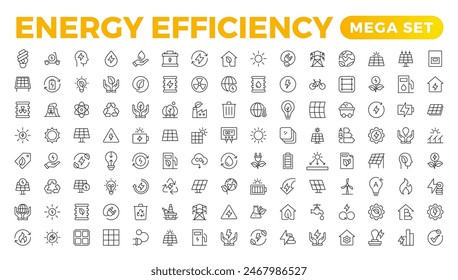 Conjunto de iconos de eficiencia energética. Calculadora, bombilla de ahorro de energía, alcancía, panel solar, economía circular, batería, aislamiento del hogar, Ilustración vectorial de clase energética