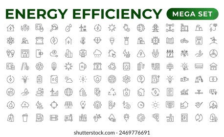 Energy efficiency icon set. Calculator, energy-saving light bulb, piggy bank, solar panel, circular economy, battery, home insulation, energy class vector illustration