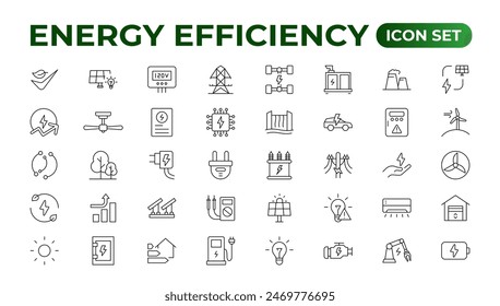 Energy efficiency icon set. Calculator, energy-saving light bulb, piggy bank, solar panel, circular economy, battery, home insulation, energy class vector illustration