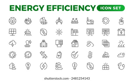 "Energy efficiency icon set. Calculator, energy-saving light bulb, piggy bank, solar panel, circular economy, battery, home insulation, energy class vector illustration	"