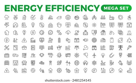 "Energy efficiency icon set. Calculator, energy-saving light bulb, piggy bank, solar panel, circular economy, battery, home insulation, energy class vector illustration	
"