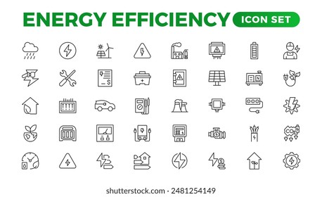 "Energy efficiency icon set. Calculator, energy-saving light bulb, piggy bank, solar panel, circular economy, battery, home insulation, energy class vector illustration	
"