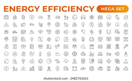 "Energy efficiency icon set. Calculator, energy-saving light bulb, piggy bank, solar panel, circular economy, battery, home insulation, energy class vector illustration	
"