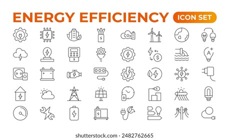 "Energy efficiency icon set. Calculator, energy-saving light bulb, piggy bank, solar panel, circular economy, battery, home insulation, energy class vector illustration	
"