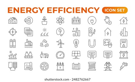 "Energy efficiency icon set. Calculator, energy-saving light bulb, piggy bank, solar panel, circular economy, battery, home insulation, energy class vector illustration	
"