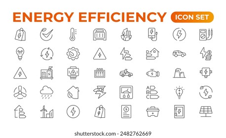 "Energy efficiency icon set. Calculator, energy-saving light bulb, piggy bank, solar panel, circular economy, battery, home insulation, energy class vector illustration	
"