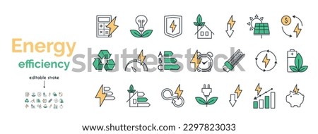 Energy efficiency icon set. Calculator, energy-saving light bulb, piggy bank, solar panel, circular economy, battery, home insulation, energy class vector illustration yellow and green.