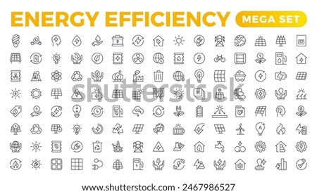 Energy efficiency icon set. Calculator, energy-saving light bulb, piggy bank, solar panel, circular economy, battery, home insulation, energy class vector illustration