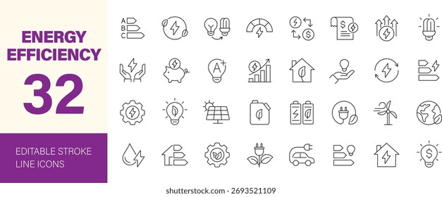 Conjunto de ícones de eficiência de energia. Contendo economia de energia, eletricidade, sustentabilidade, lâmpada, consumo, ECO, meio ambiente e muito mais. Ícones de linha editáveis. Ilustração vetorial.