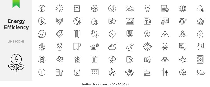 Energy efficiency icon set. Energy, electrical energy, electricity. UI icons collection. Energy-saving light bulb, piggy bank, solar panel, battery, home insulation, energy outline icon collection