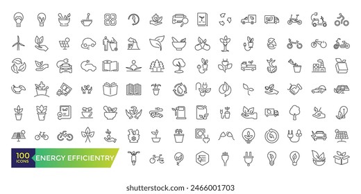 Energy efficiency icon set. energy-saving light bulb, solar panel, circular economy, battery, home insulation. Editable stroke illustration. Vector ui and web icon.