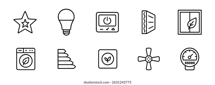 Conjunto de iconos de eficiencia energética - línea, símbolos ecológicos y sostenibles para el hogar