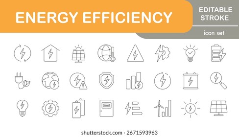 Conjunto de iconos de eficiencia energética. Lineal, editable