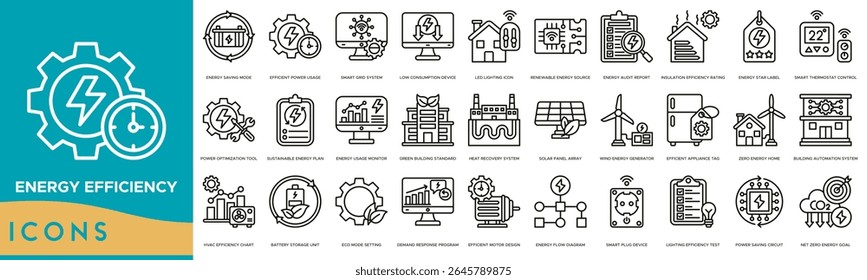Energy Efficiency Icon set. Energy Saving Mode, Efficient Power Usage, Smart Grid System, Low Consumption Device, LED Lighting Icon, Renewable Energy Source and Energy Audit Report