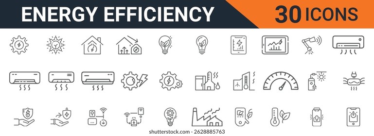 Conjunto de Ícones de Eficiência Energética com Smart Home, Energias Renováveis, Ar Condicionado, Termostato e Símbolos de Tecnologia Sustentável