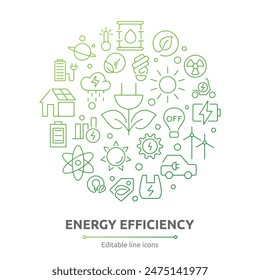 Energy efficiency icons. Energy, electrical energy, electricity. UI icons collection. Energy-saving light bulb, piggy bank, solar panel, battery, home insulation, energy outline icon set collection