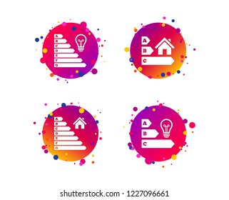 Energy efficiency icons. Lamp bulb and house building sign symbols. Gradient circle buttons with icons. Random dots design. Vector