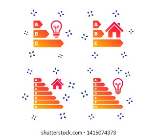 Energy efficiency icons. Lamp bulb and house building sign symbols. Random dynamic shapes. Gradient efficiency icon. Vector