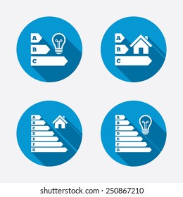 Energy efficiency icons. Lamp bulb and house building sign symbols. Circle concept web buttons. Vector