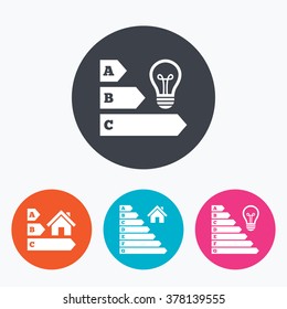 Energy Efficiency Icons. Lamp Bulb And House Building Sign Symbols. Circle Flat Buttons With Icon.