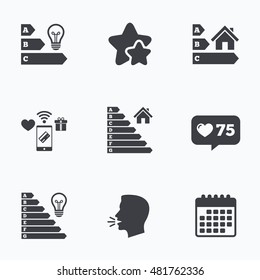 Energy efficiency icons. Lamp bulb and house building sign symbols. Flat talking head, calendar icons. Stars, like counter icons. Vector