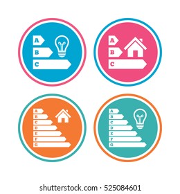 Energy efficiency icons. Lamp bulb and house building sign symbols. Colored circle buttons. Vector