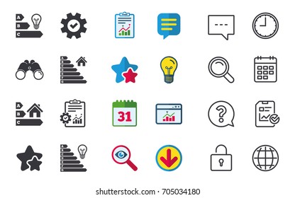 Energy efficiency icons. Lamp bulb and house building sign symbols. Chat, Report and Calendar signs. Stars, Statistics and Download icons. Question, Clock and Globe. Vector